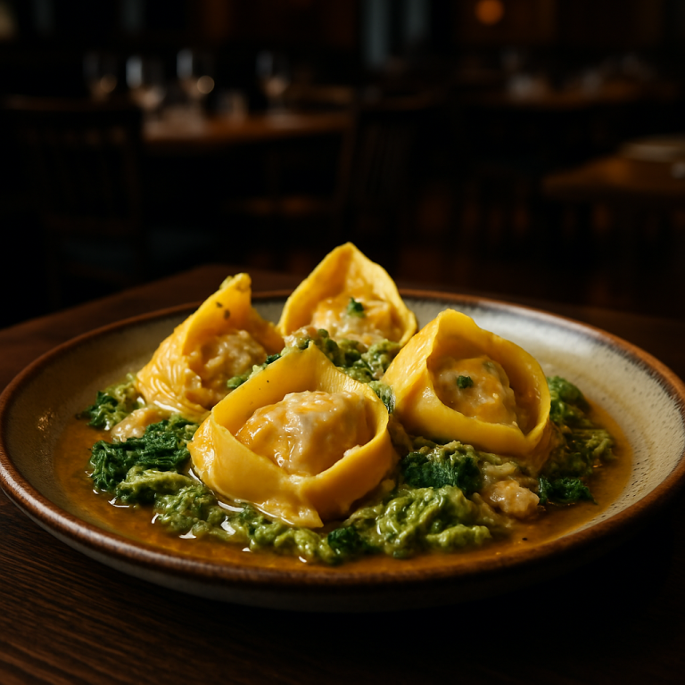 Cappellacci pasta with Savoy cabbage and cheese, served on a rustic plate.