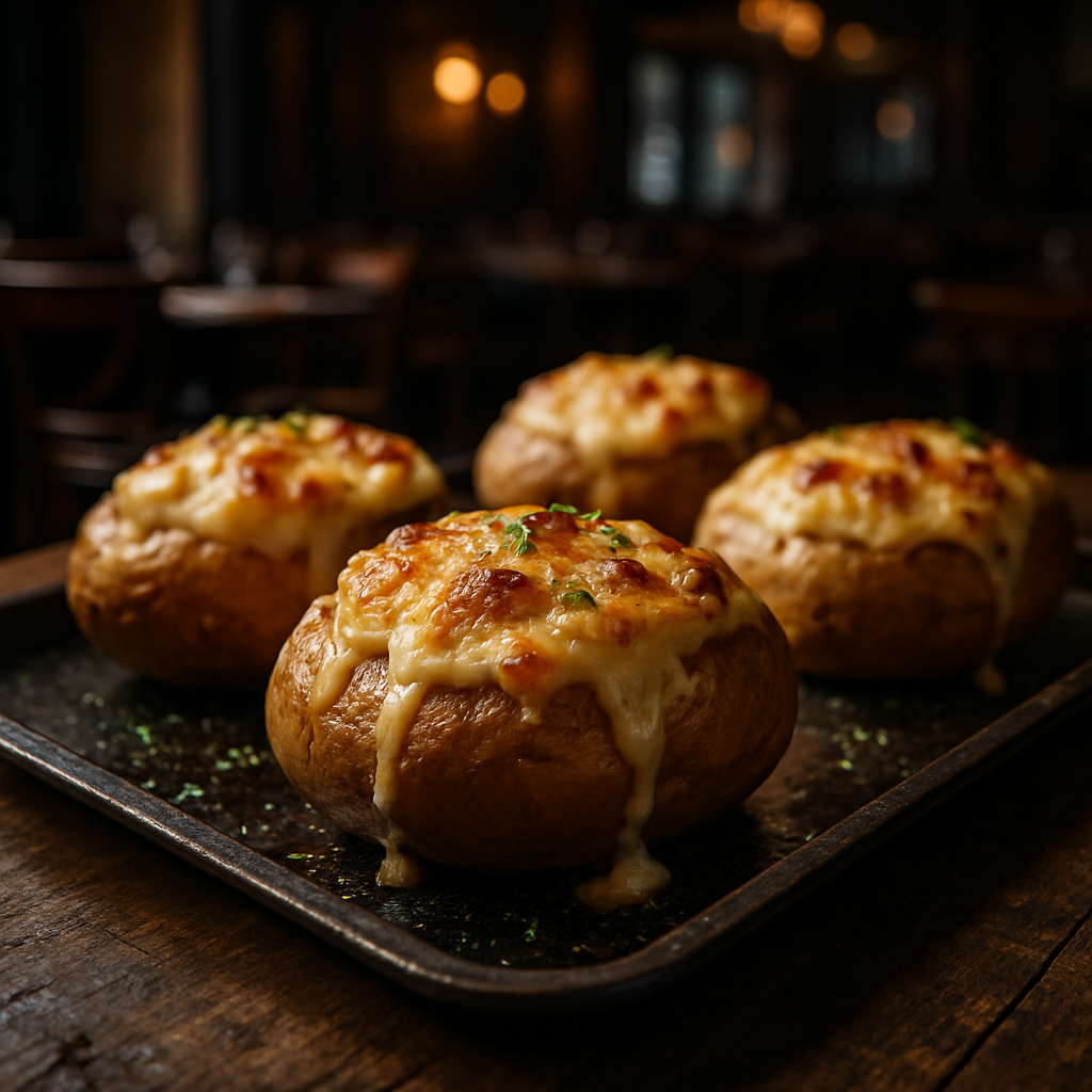 Cheese-stuffed potatoes fresh out of the oven.