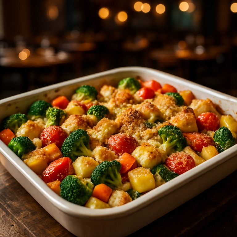 A colorful dish of cheesy vegetables with breadcrumbs and Parmesan.