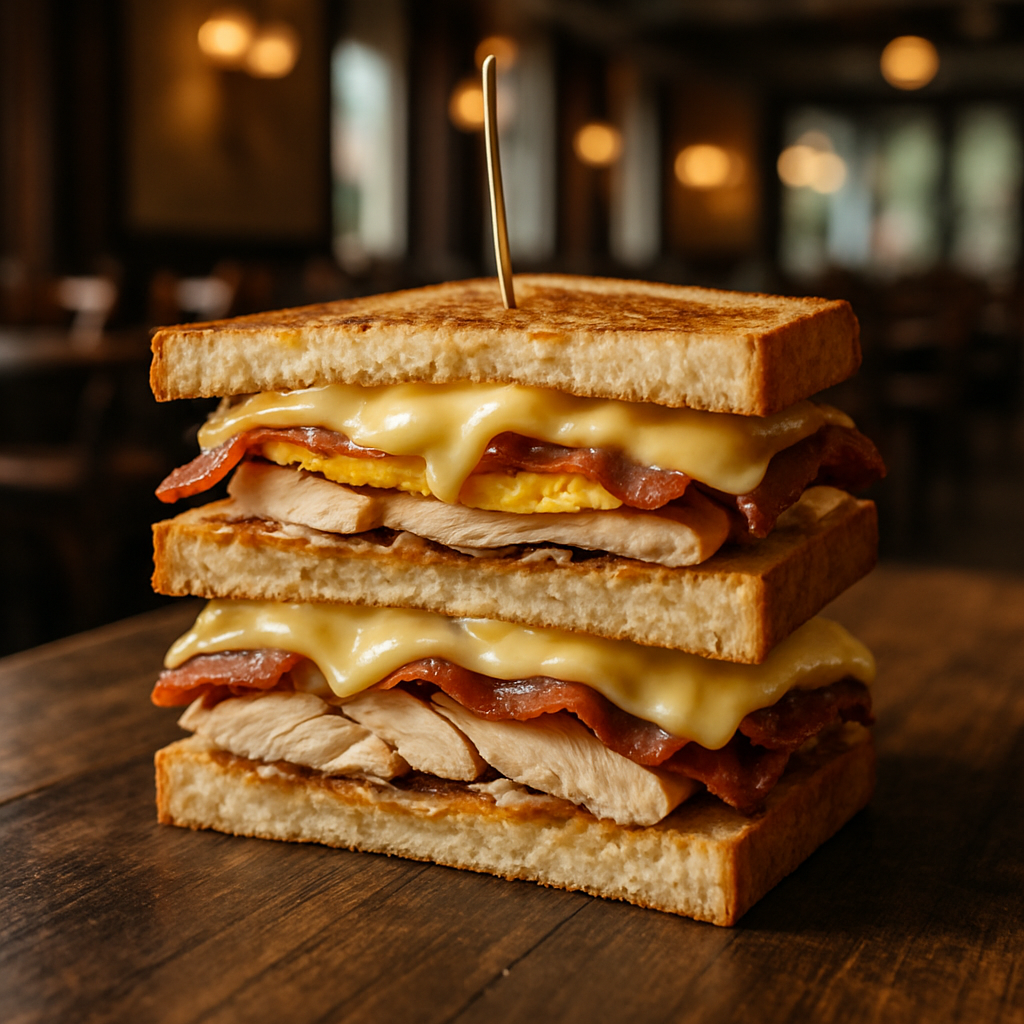 Italian Chicken Club Sandwich with layers of chicken, bacon, and cheese.