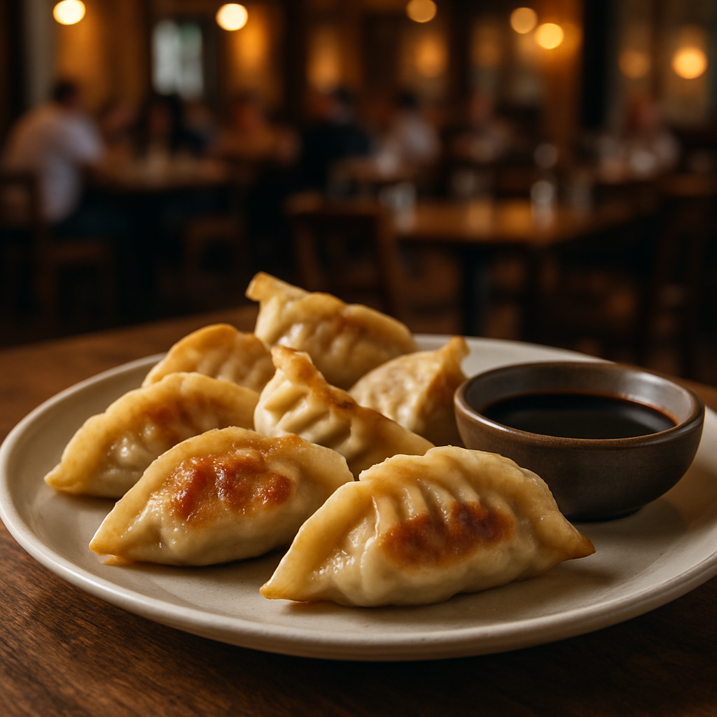 Homemade Chinese Meat Ravioli Jiaozi with soy dipping sauce.