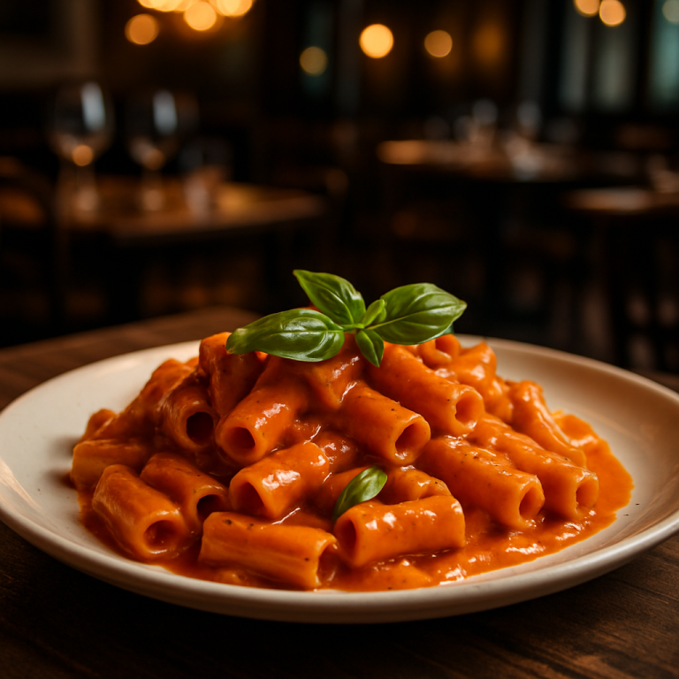 A plate of creamy tomato pasta garnished with fresh basil.