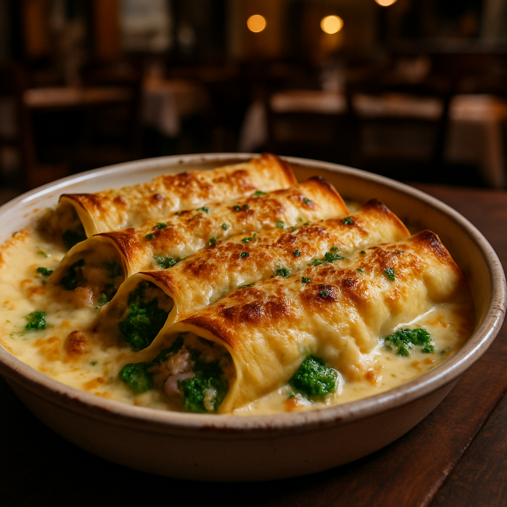 Crespelle filled with ricotta, broccoli, and sausage topped with golden Parmesan.