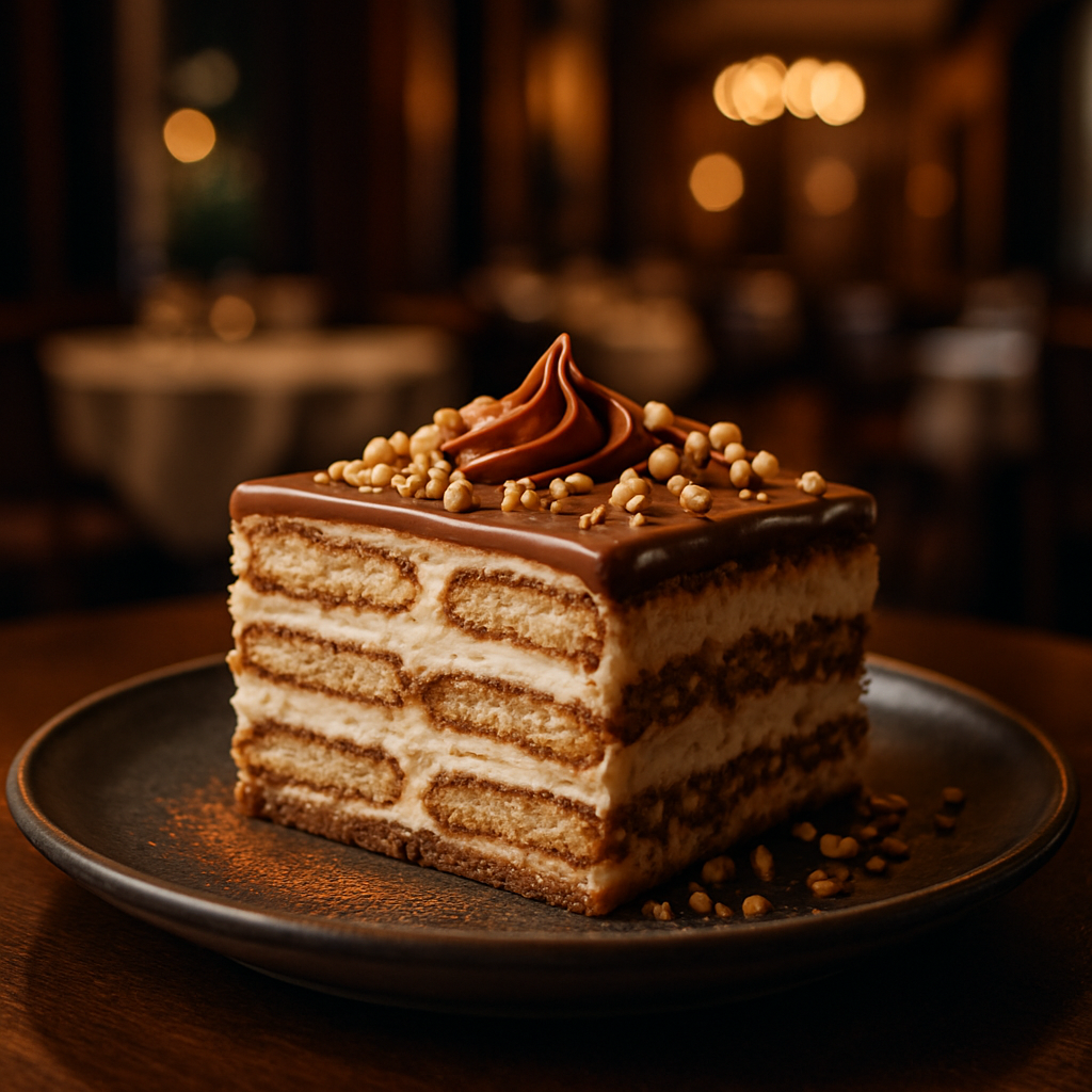 No-bake coffee brick cake with layers of biscuits and creamy filling.