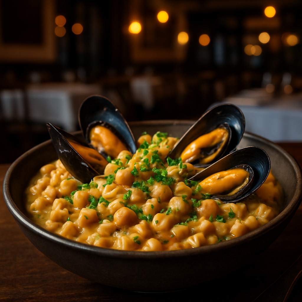 A bowl of Pasta with Chickpeas and Mussels garnished with parsley and lemon zest.