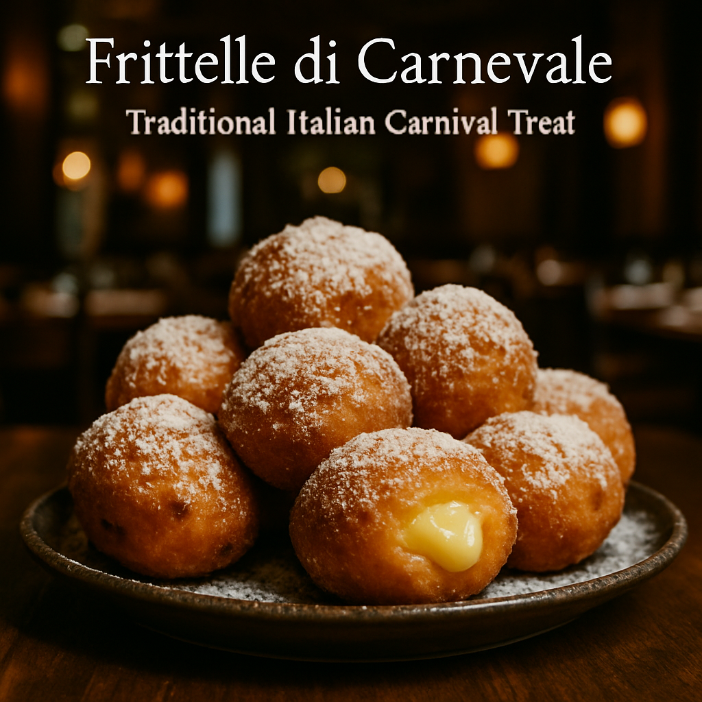 Golden, fluffy Frittelle di Carnevale on a plate, dusted with powdered sugar.