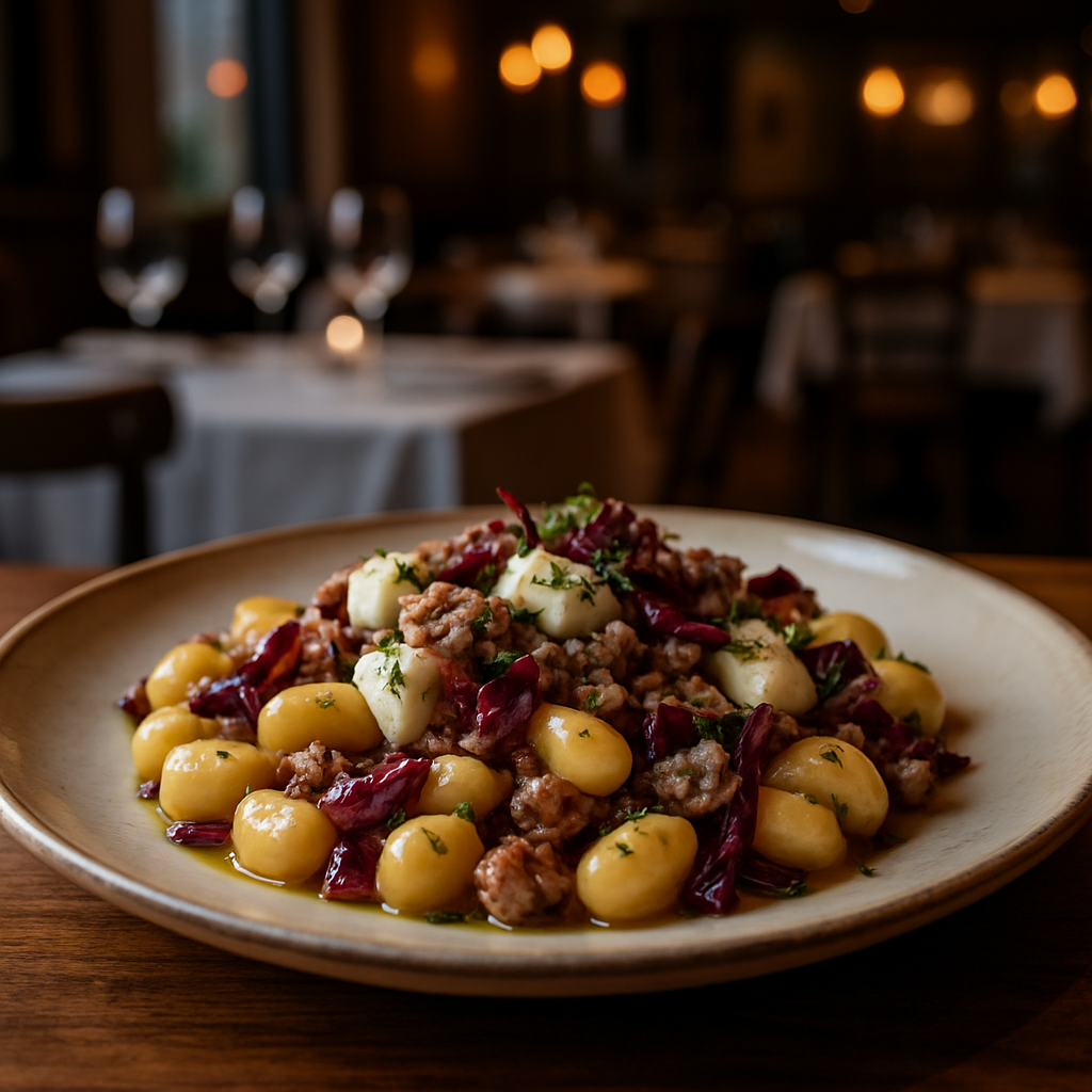 Plate of gnocchetti with sausage, goat cheese, and radicchio garnished with herbs.