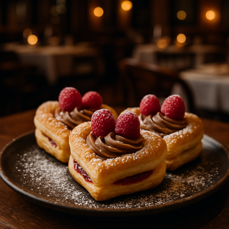 Heart-shaped puff pastries filled with raspberries and hazelnut cream.