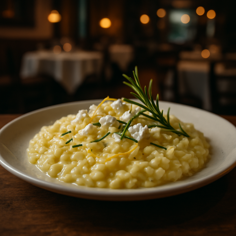 A plate of lemon risotto with goat cheese and rosemary, garnished with lemon zest and rosemary sprigs.