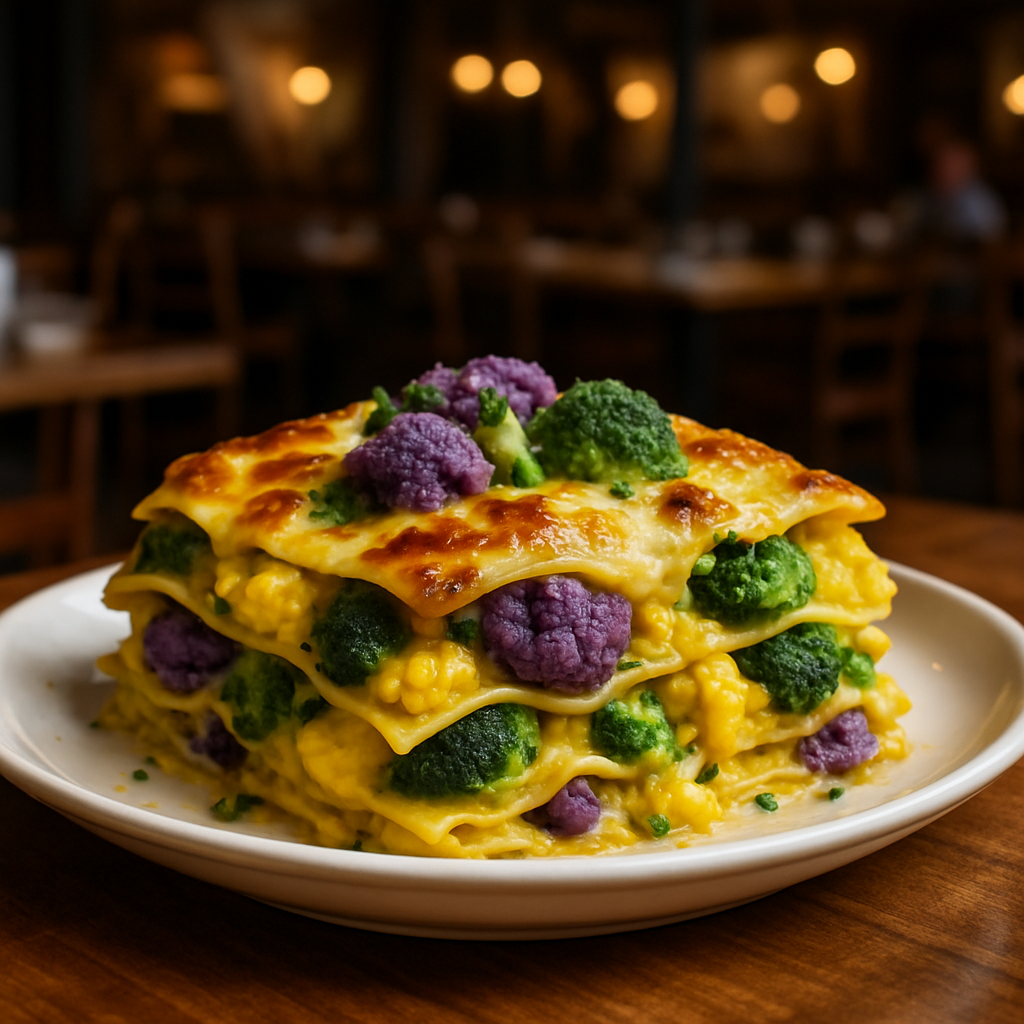 Colorful light vegetarian lasagna with vibrant vegetables.