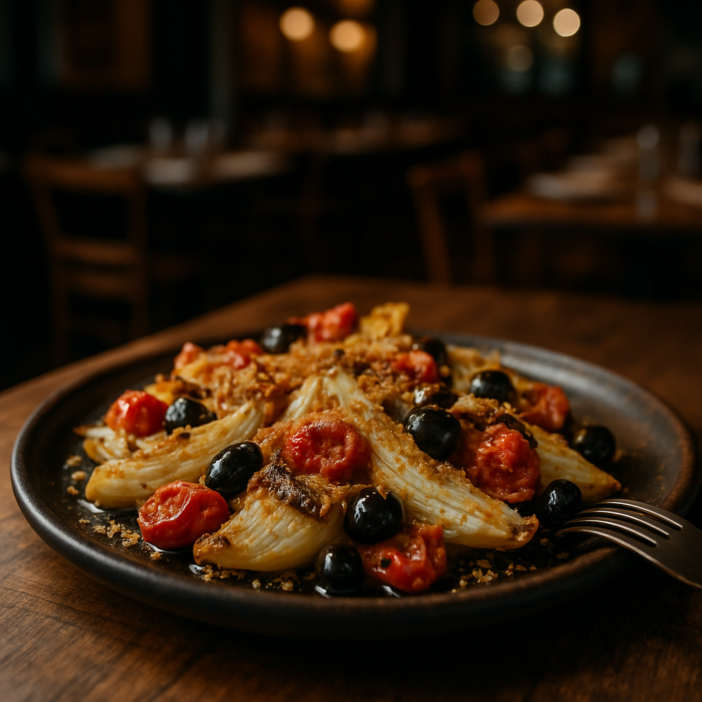 A plate of Mediterranean Baked Fennel with tomatoes, olives, and breadcrumbs.