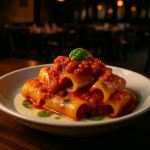 A plate of Paccheri al Sugo Finto with Parmigiano fondue and basil oil.