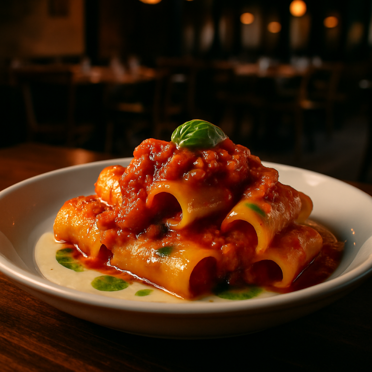 A plate of Paccheri al Sugo Finto with Parmigiano fondue and basil oil.