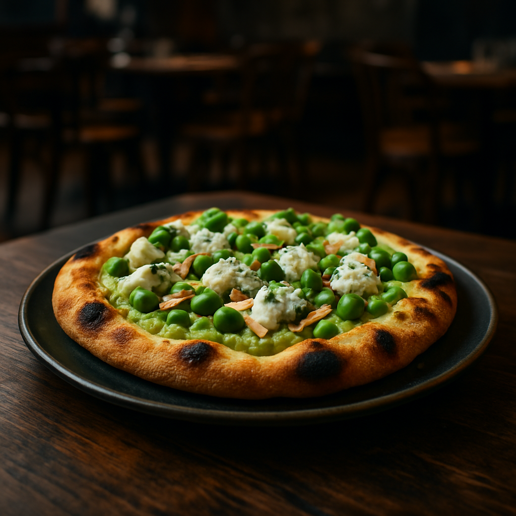 Delicious Pinsa with Gorgonzola, peas, fava beans, and almonds.