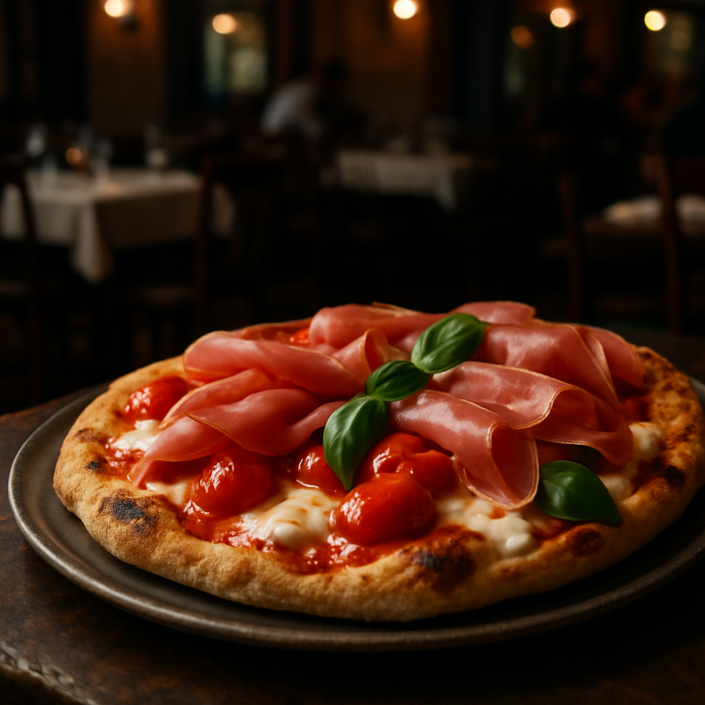 Pinsa topped with prosciutto, cherry tomatoes, and melted mozzarella cheese.