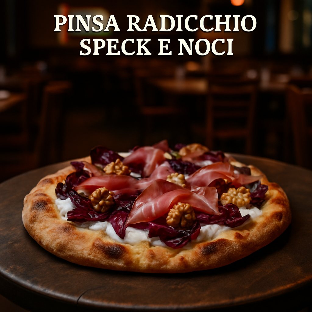A freshly baked pinsa topped with radicchio, speck, and walnuts.