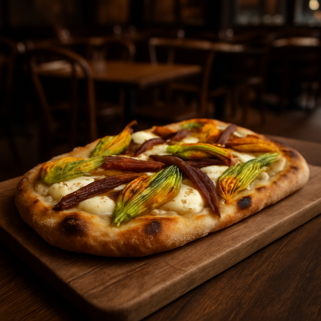 Pinsa topped with zucchini flowers, anchovies, and cheese cream on a wooden board.