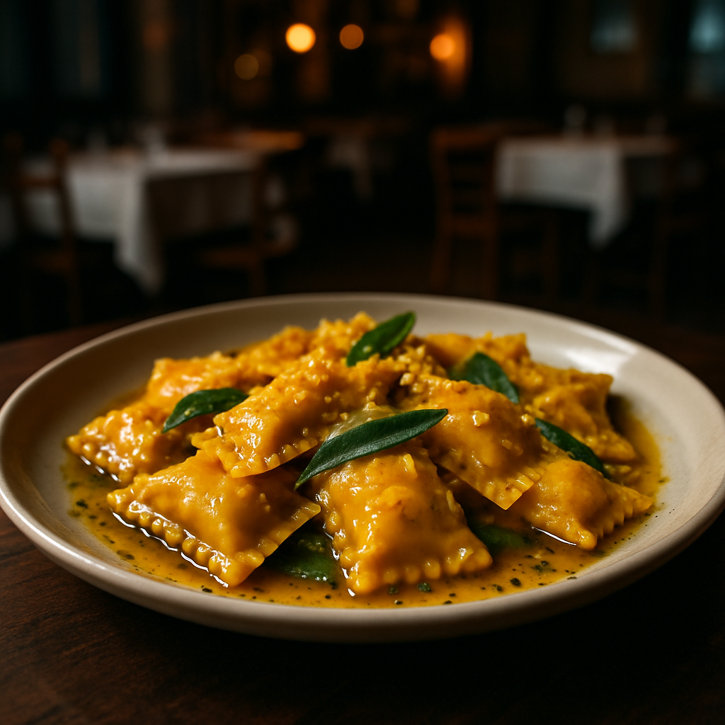 A plate of pumpkin tortelli garnished with mustard and lemon zest.