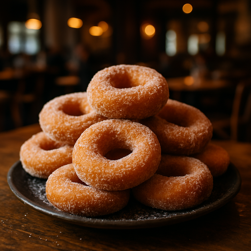 Delicious homemade Italian graffe without yeast or eggs, dusted with sugar.