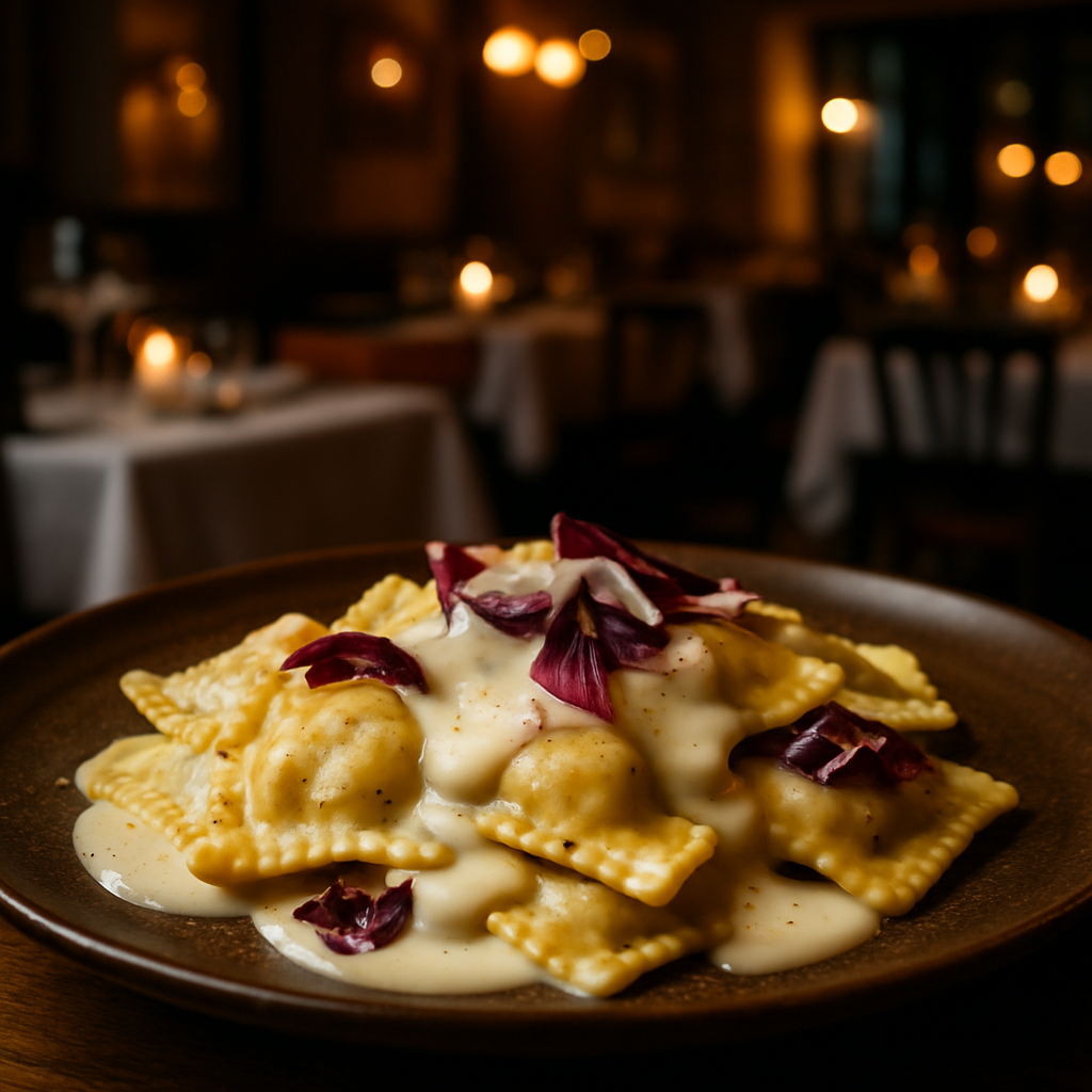 Homemade radicchio and potato ravioli with creamy cheese fondue.