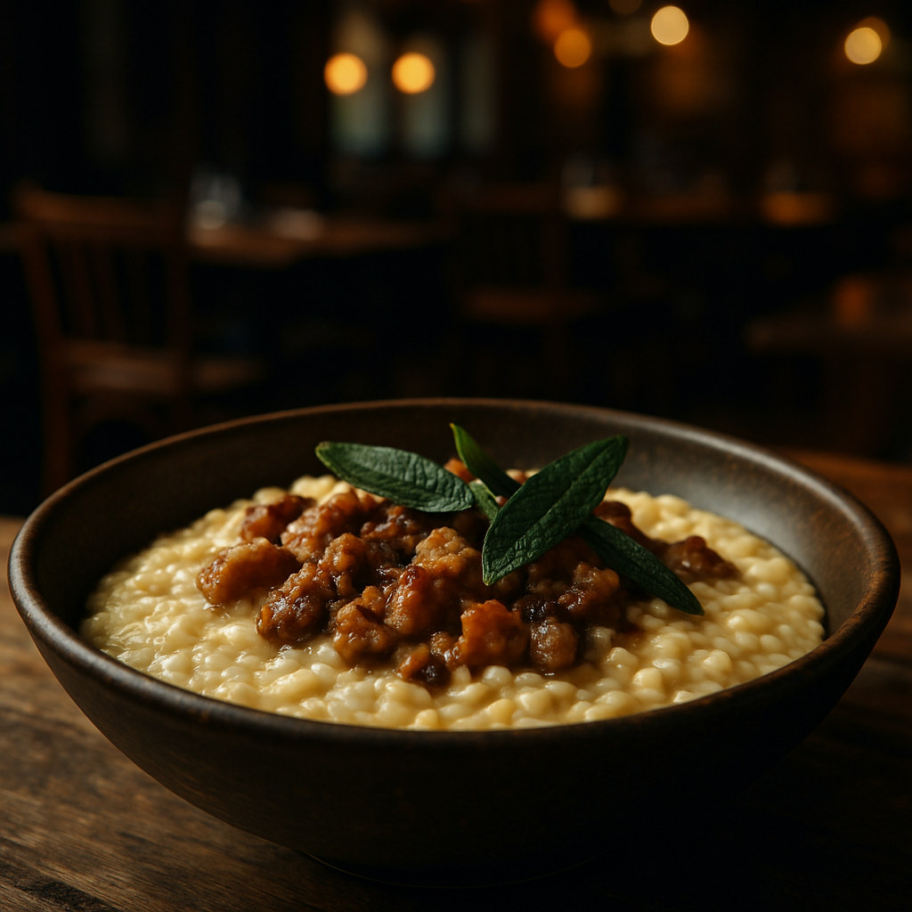 A bowl of creamy risotto with farmhouse ragù and crispy sage leaves.