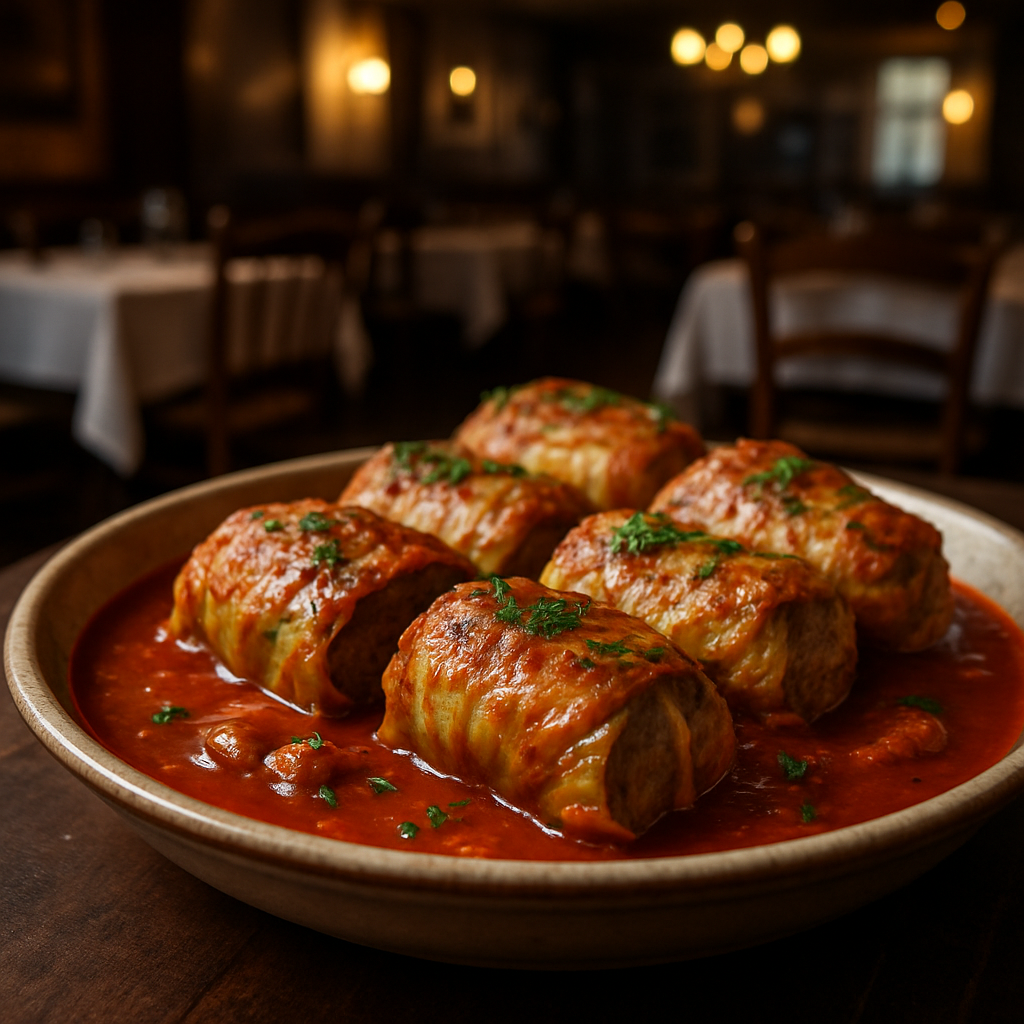Delicious Italian cabbage rolls with meat in a tomato sauce.