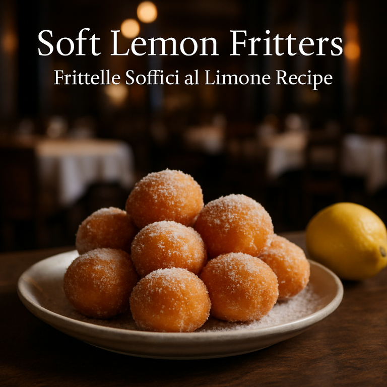 A plate of freshly made soft lemon fritters sprinkled with sugar.