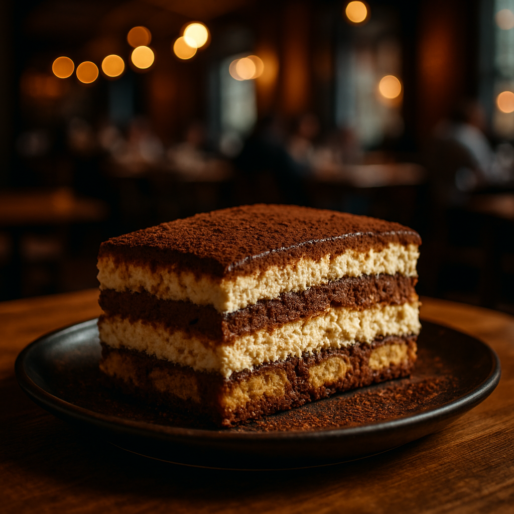 A delicious slice of Tiramisù agli Amaretti on a plate.