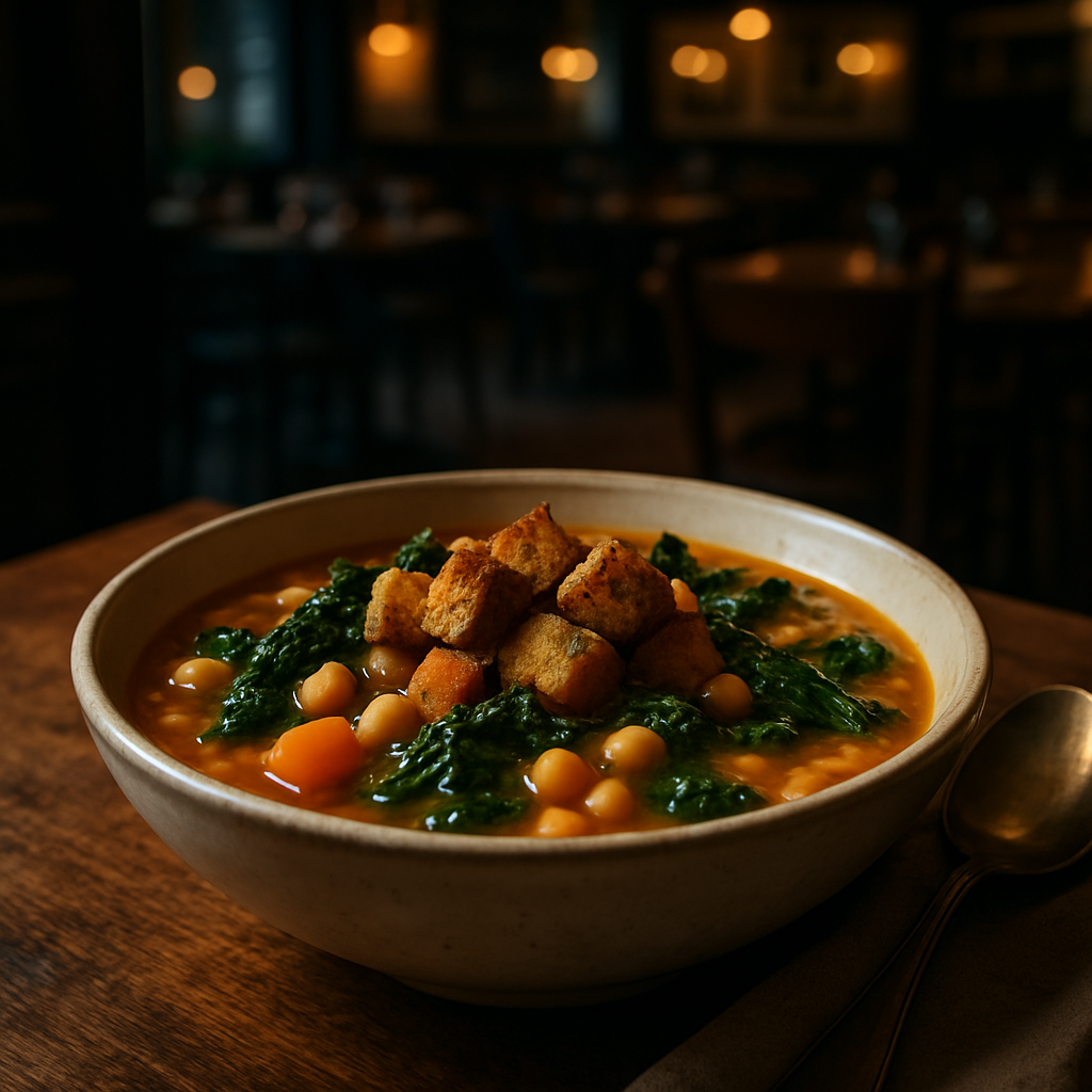 A bowl of Tuscan kale and chickpea soup garnished with curry croutons.