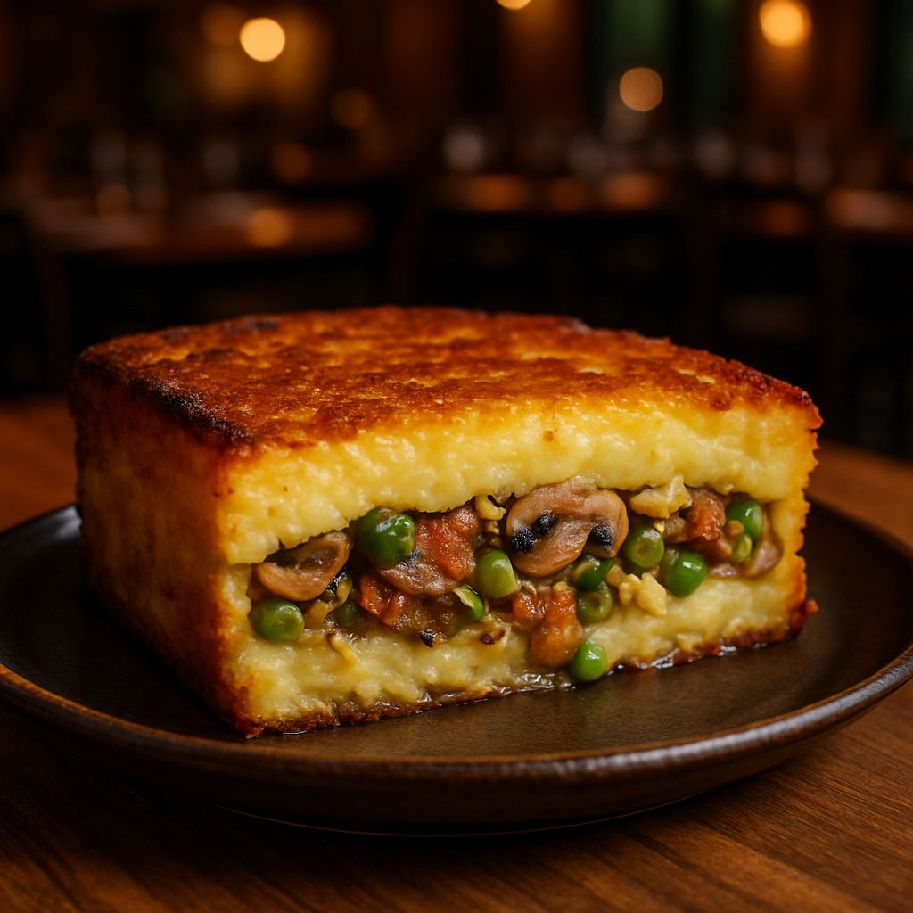 Vegan potato gateau with golden crust and vegetable filling.