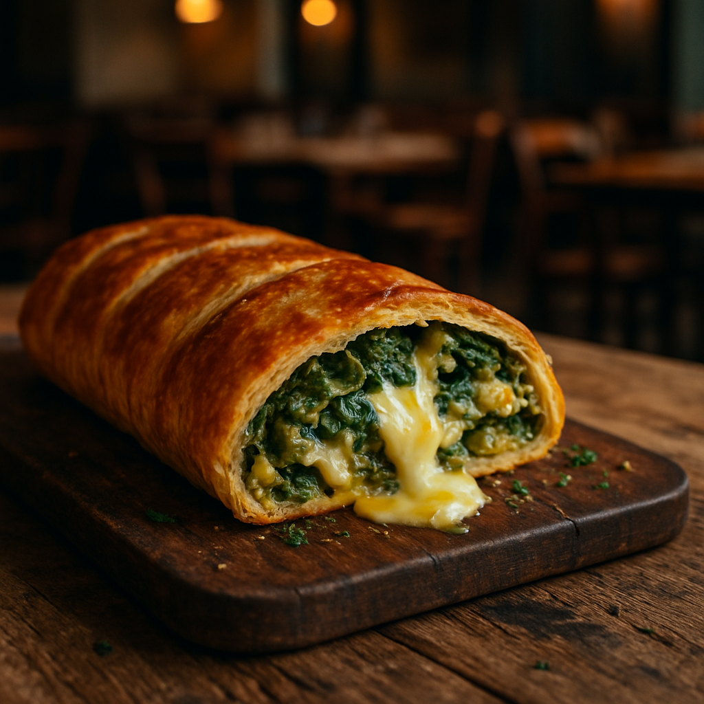 Vegetable strudel with melted cheese on a rustic wooden table.