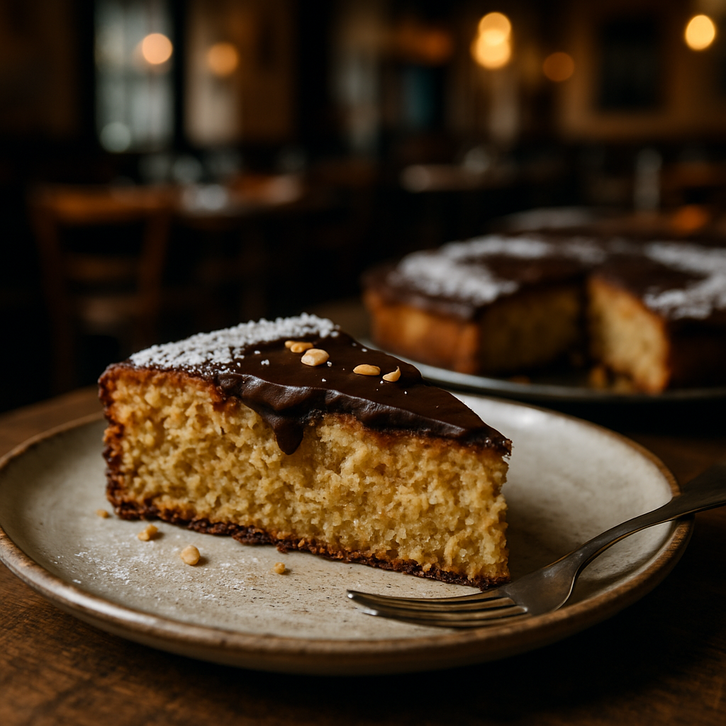 A slice of almond flour cake with chocolate on a plate.