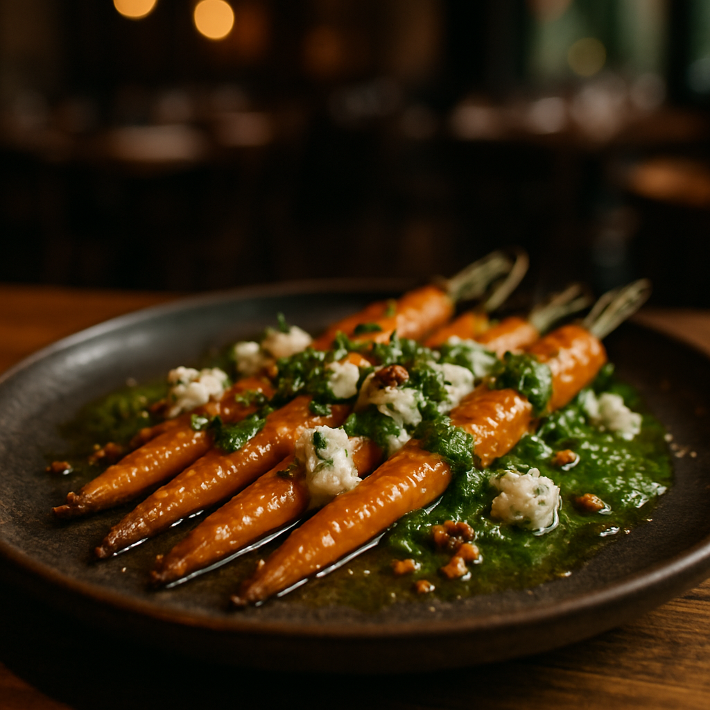 Baked carrots with honey, goat cheese, and green sauce on a plate.