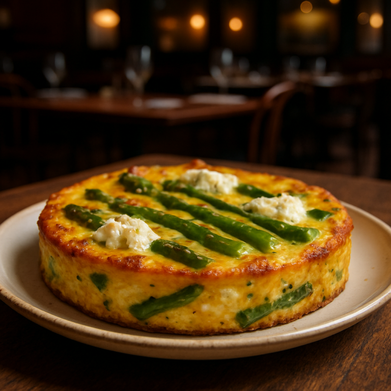 Baked frittata with asparagus and ricotta served on a plate.