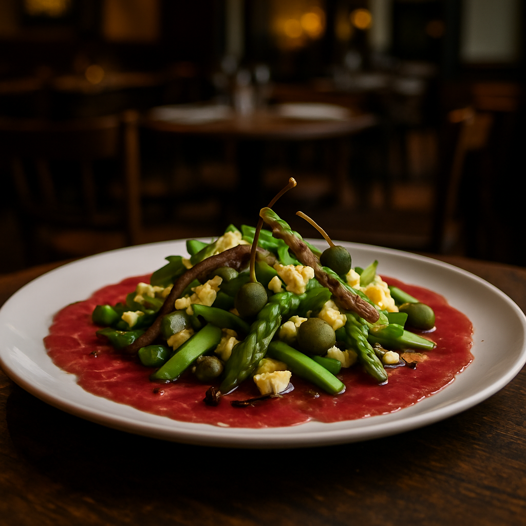 A plate of beef carpaccio garnished with asparagus salad and capers.