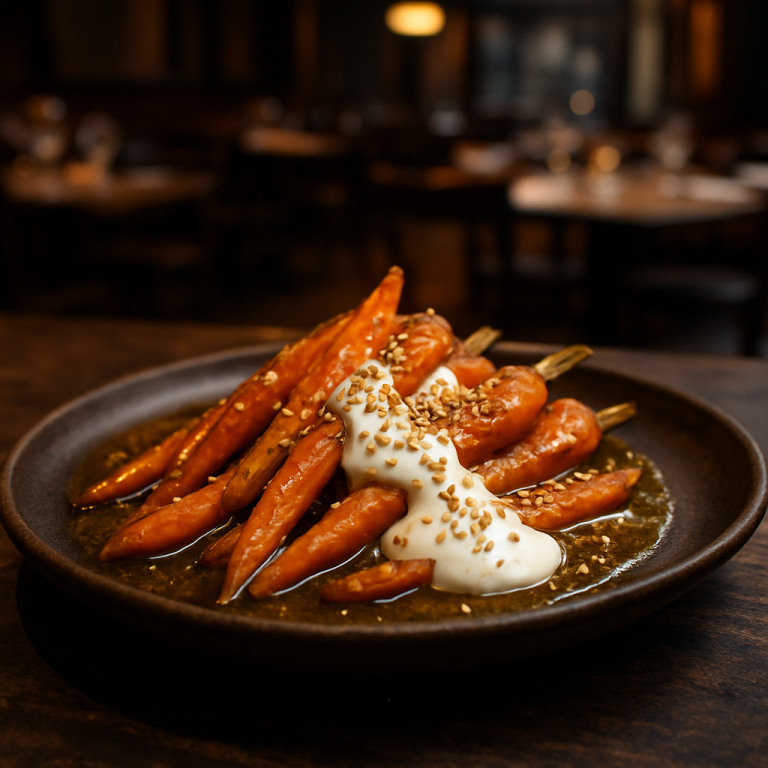 A vibrant dish of carrots with butter, yogurt, and smoked curry.
