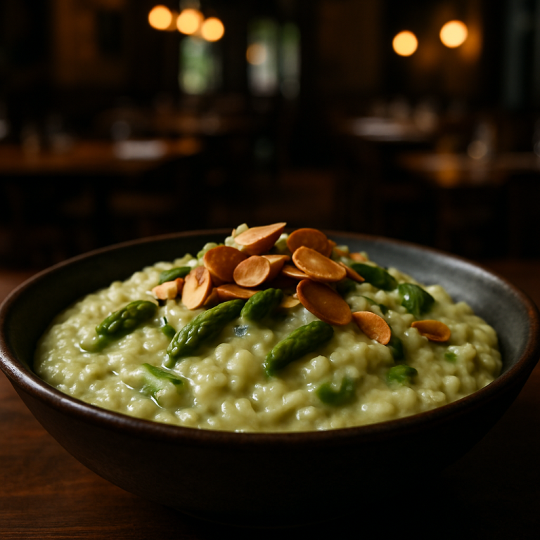 A bowl of creamy asparagus risotto topped with toasted almonds.