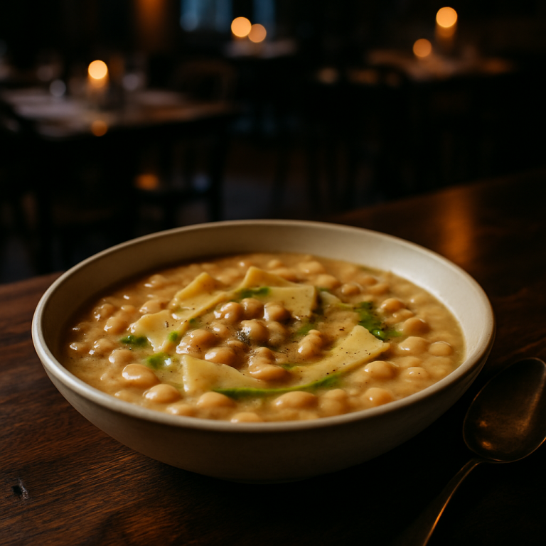 Bowl of creamy cannellini bean soup with maltagliati pasta.
