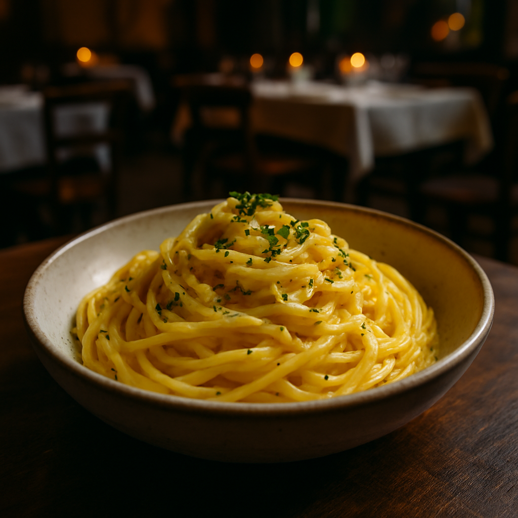 A bowl of creamy ricotta and saffron pasta garnished with herbs.