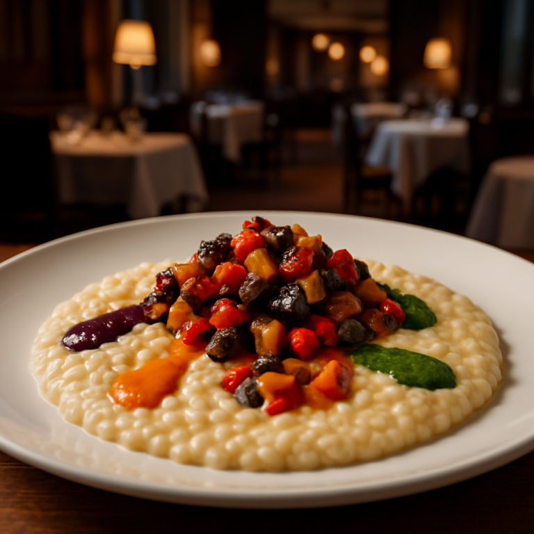 A gourmet plate of creamy risotto with Sicilian caponata, showcasing vibrant vegetable colors.