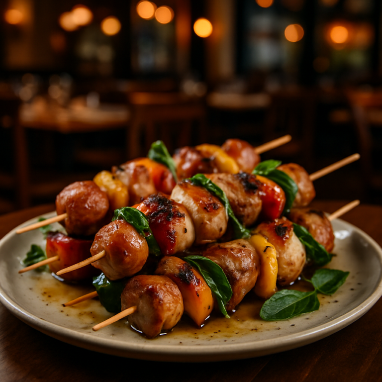 Air fryer meat skewers with colorful peppers on a plate.