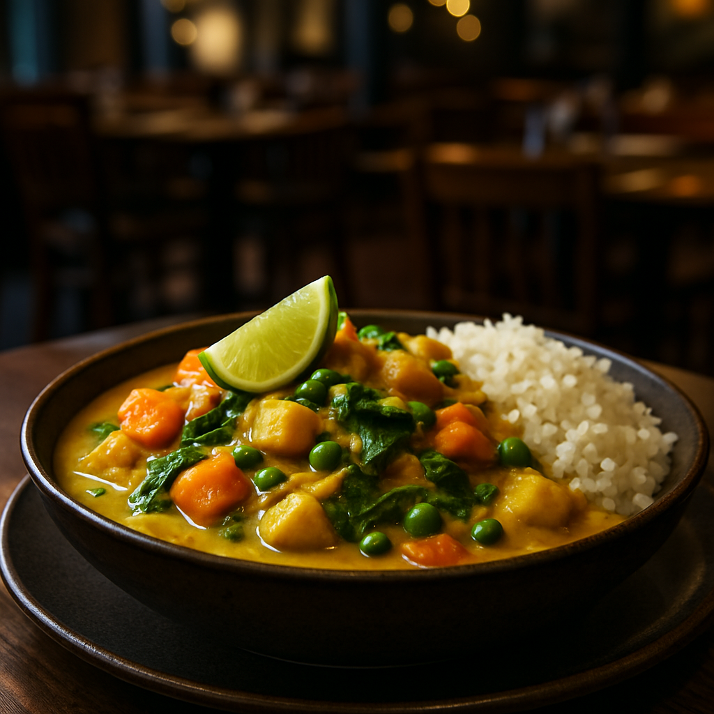 A vibrant bowl of Italian vegetable curry with rice.