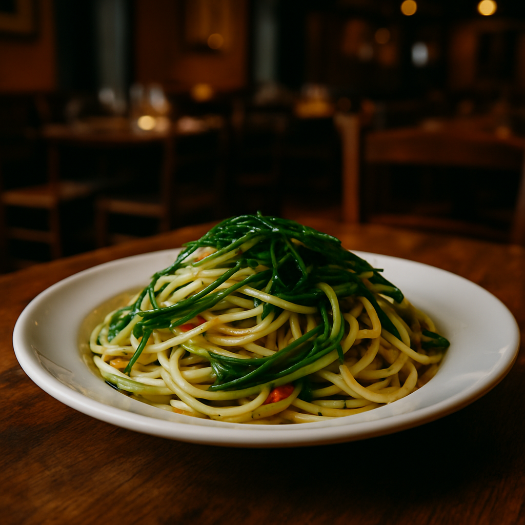 A plate of Pasta con Agretti, showcasing vibrant green agretti and spaghetti.