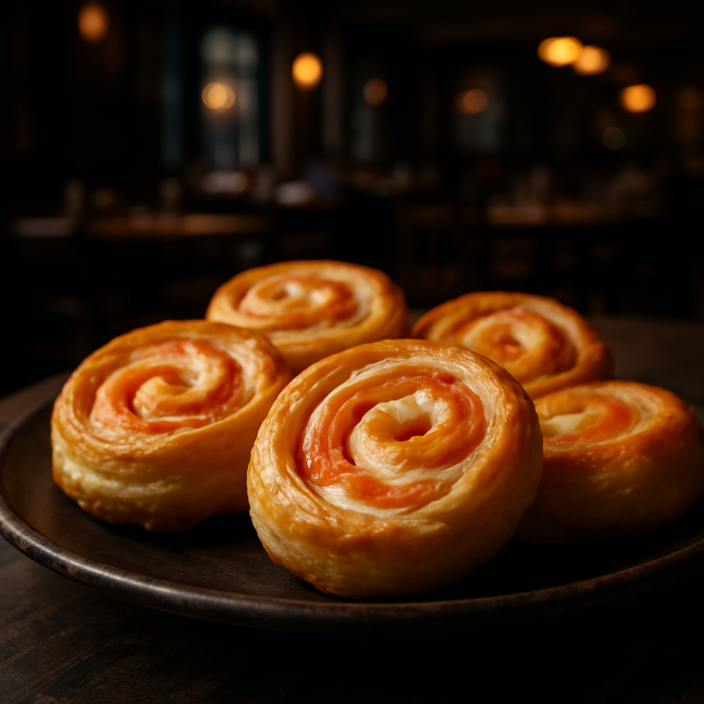 Golden brown puff pastry swirls filled with smoked salmon and cream cheese.