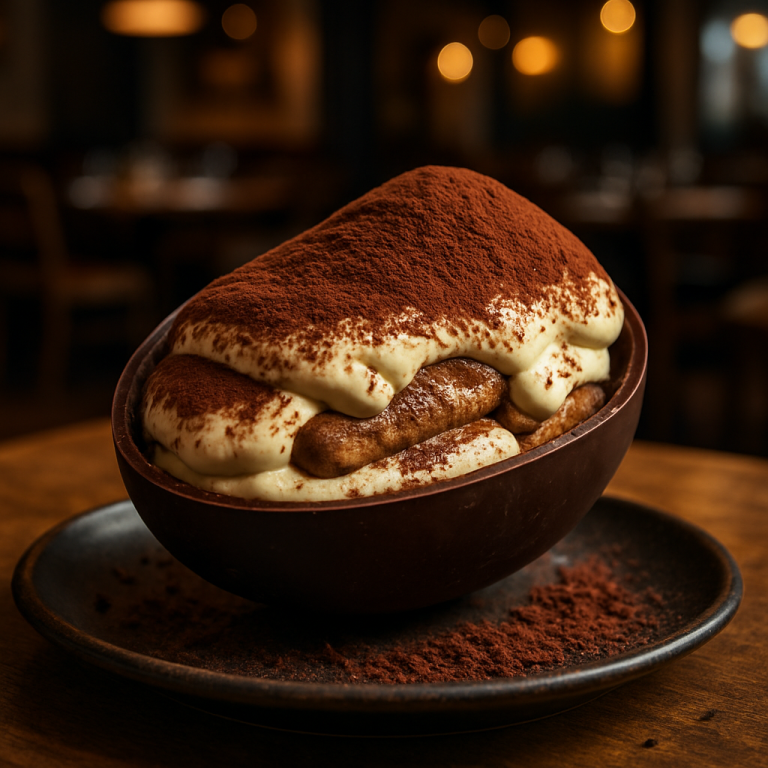 Easter Chocolate Tiramisu with Pavesini in a chocolate egg shell.