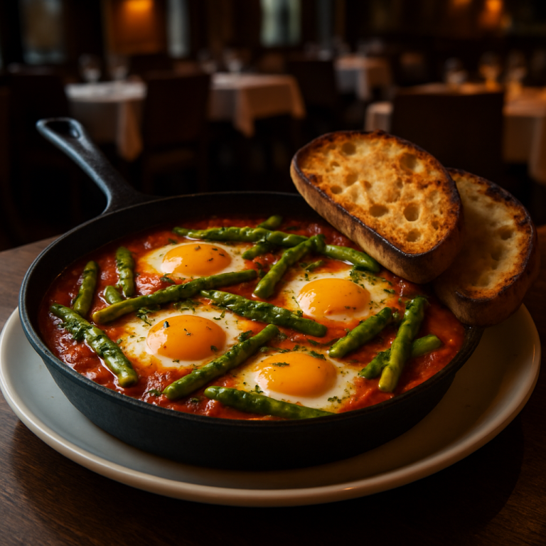 Eggs in Purgatory with Asparagus served with toasted bread.