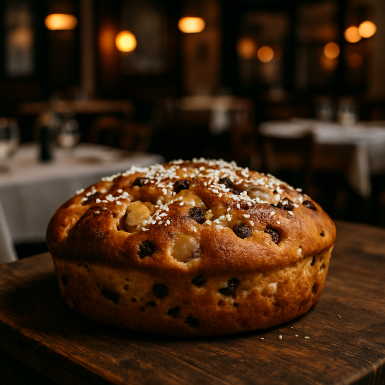 A freshly baked Fugassa with pears and chocolate on a wooden table.
