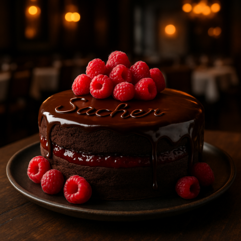 Gluten-Free Raspberry Sacher cake with fresh raspberries and chocolate ganache.