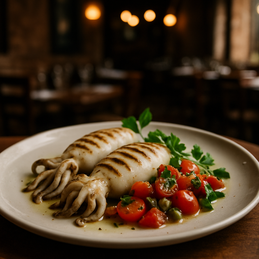 Grilled cuttlefish served with fresh tomatoes and herbs.