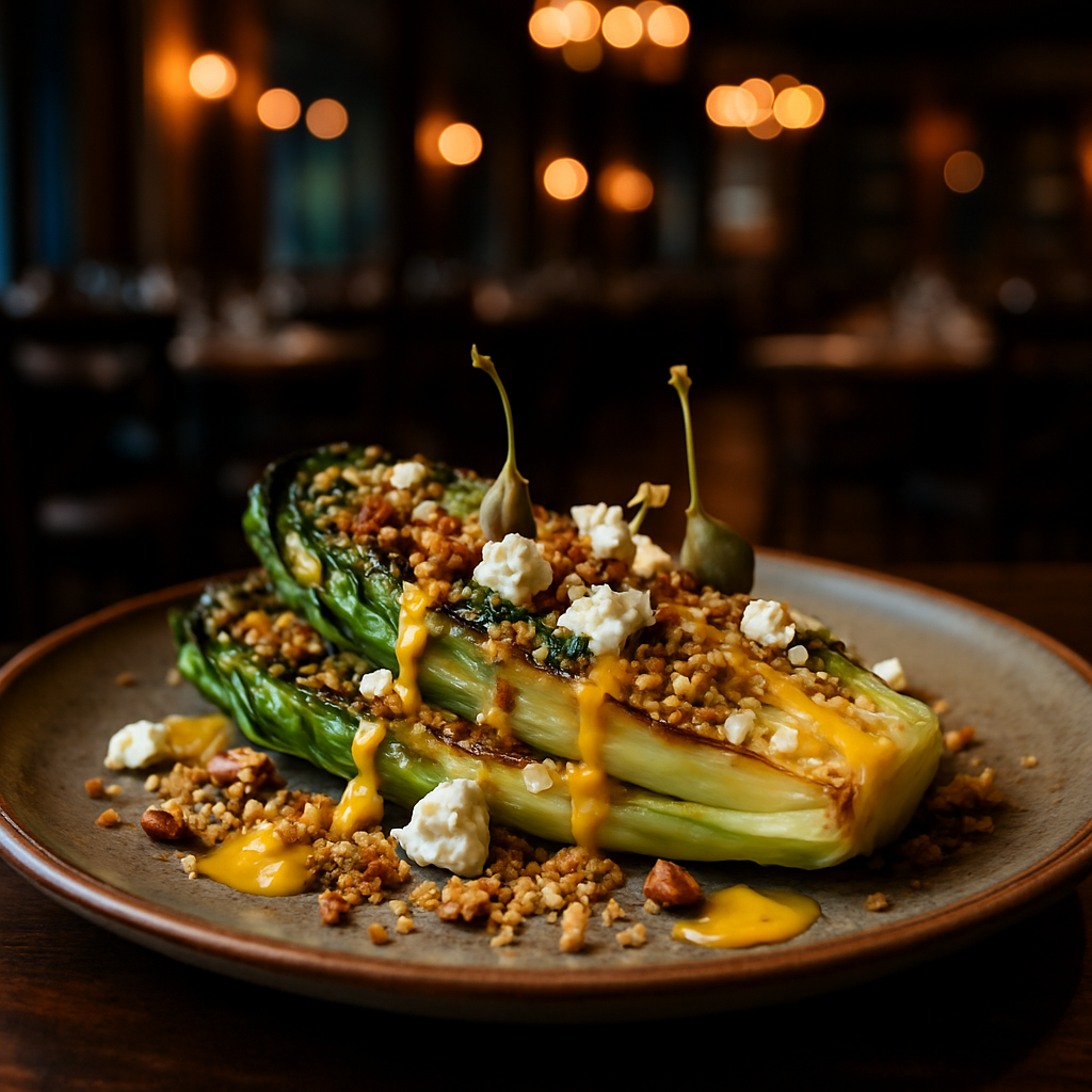 Grilled lettuce with mustard and goat cheese, showcasing its vibrant presentation.